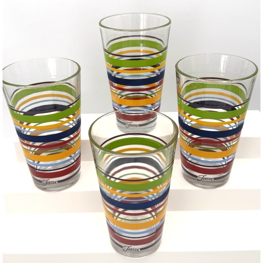 Libbey Fiestaware Tumblers Fiesta Stripes Mambo Drinking Glass 16oz Retired 4 Pc - Picture 2 of 12